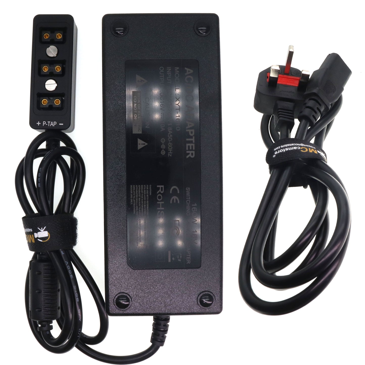AC DC Power Supply Adapter 16V 10A, D TAP Splitter Cable 3-Port for RED ARRI DSLR Camera, Monitor, Light, Focus Motor, Wireless System Transmission, with 1/4" M4 Mount, Black