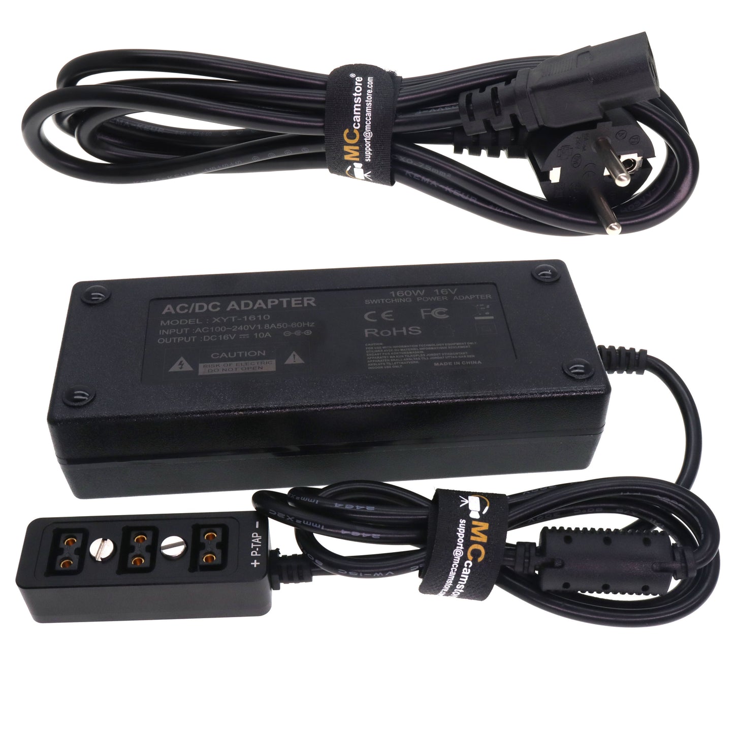 AC DC Power Supply Adapter 16V 10A, D TAP Splitter Cable 3-Port for RED ARRI DSLR Camera, Monitor, Light, Focus Motor, Wireless System Transmission, with 1/4" M4 Mount, Black