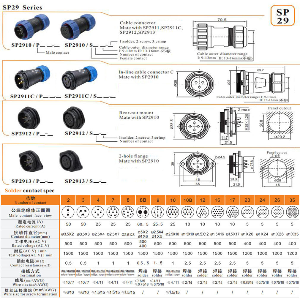 WEIPU SP29 IP68 Waterproof Connector, 2 3 4 7 8 8B 9 10 10B 12 16 17 20 24 26 35pin Industrial Aviation Power Cable Plug Socket