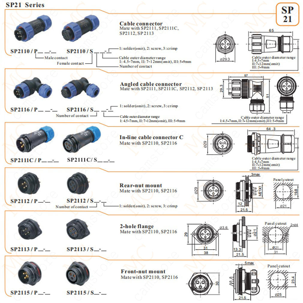 WEIPU SP21 IP68 Waterproof Connector, 2 3 4 5 5B 5C 6 6B 7 9 12 15pin Industrial Aviation LED Lamp Power Cable Plug Socket