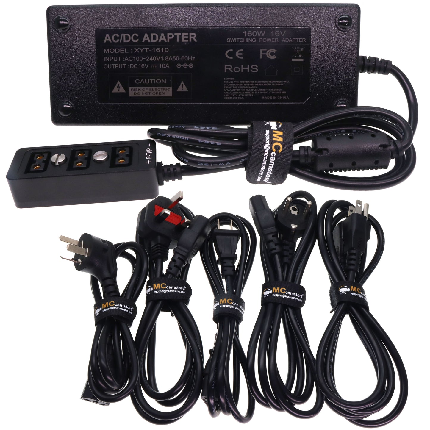 AC DC Power Supply Adapter 16V 10A, D TAP Splitter Cable 3-Port for RED ARRI DSLR Camera, Monitor, Light, Focus Motor, Wireless System Transmission, with 1/4" M4 Mount, Black