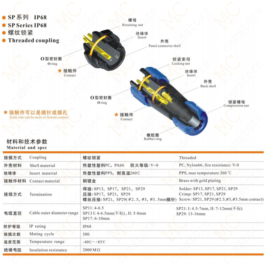 WEIPU SP21 IP68 Waterproof Connector, 2 3 4 5 5B 5C 6 6B 7 9 12 15pin Industrial Aviation LED Lamp Power Cable Plug Socket