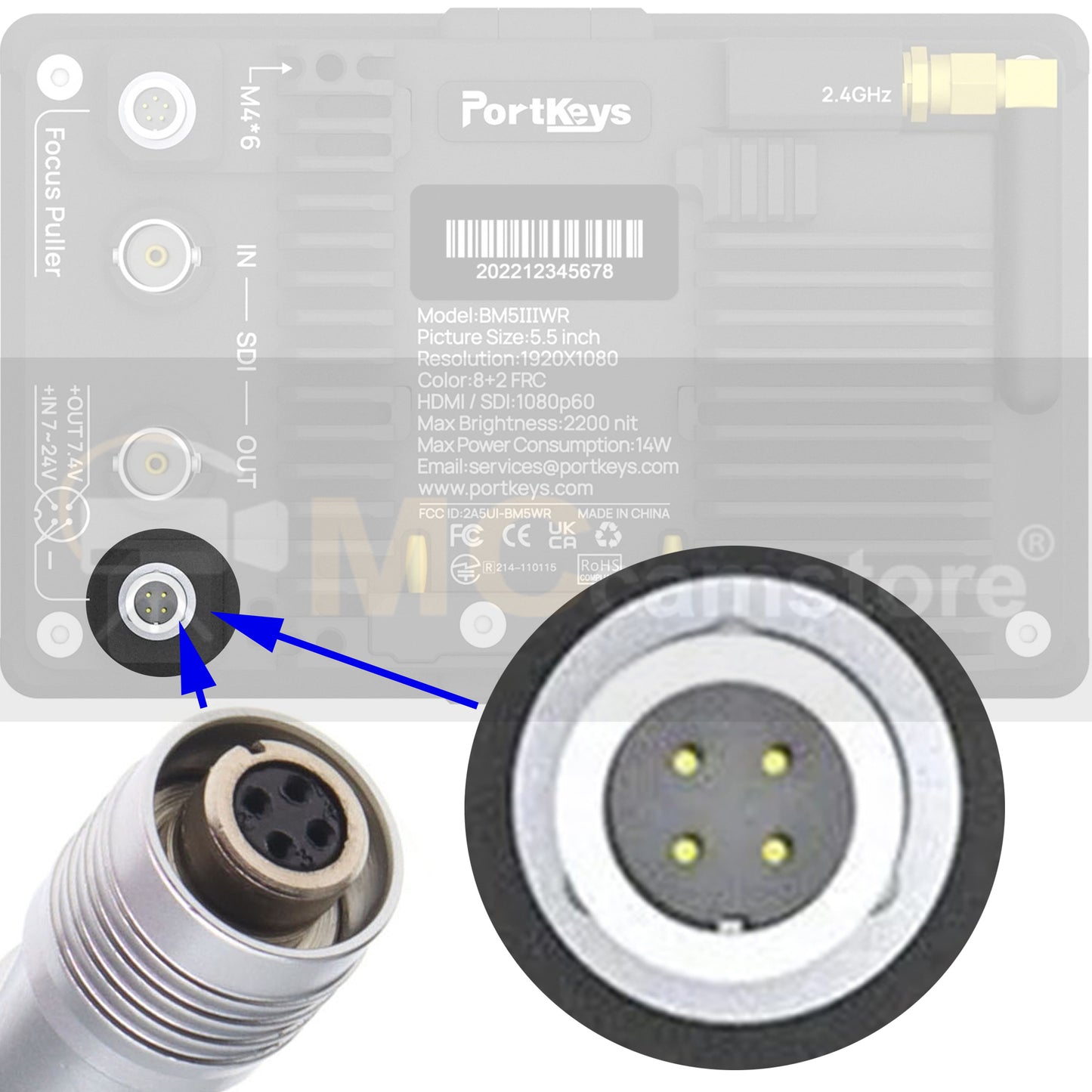 4 Pin to Locking DC Power Cable for Portkeys BM5 BM5WR BM7 HH7 HS7T Monitor