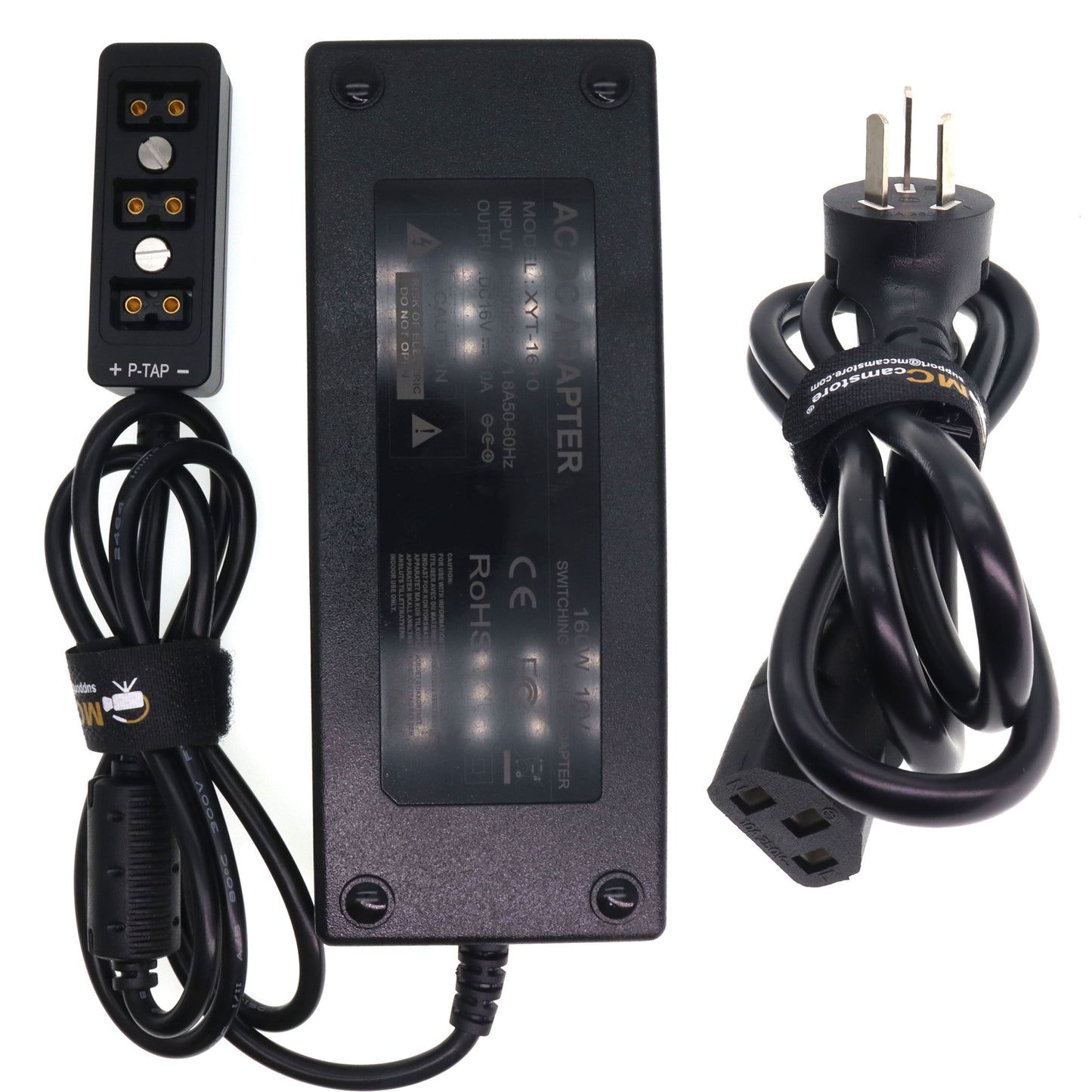 AC DC Power Supply Adapter 16V 10A, D TAP Splitter Cable 3-Port for RED ARRI DSLR Camera, Monitor, Light, Focus Motor, Wireless System Transmission, with 1/4" M4 Mount, Black