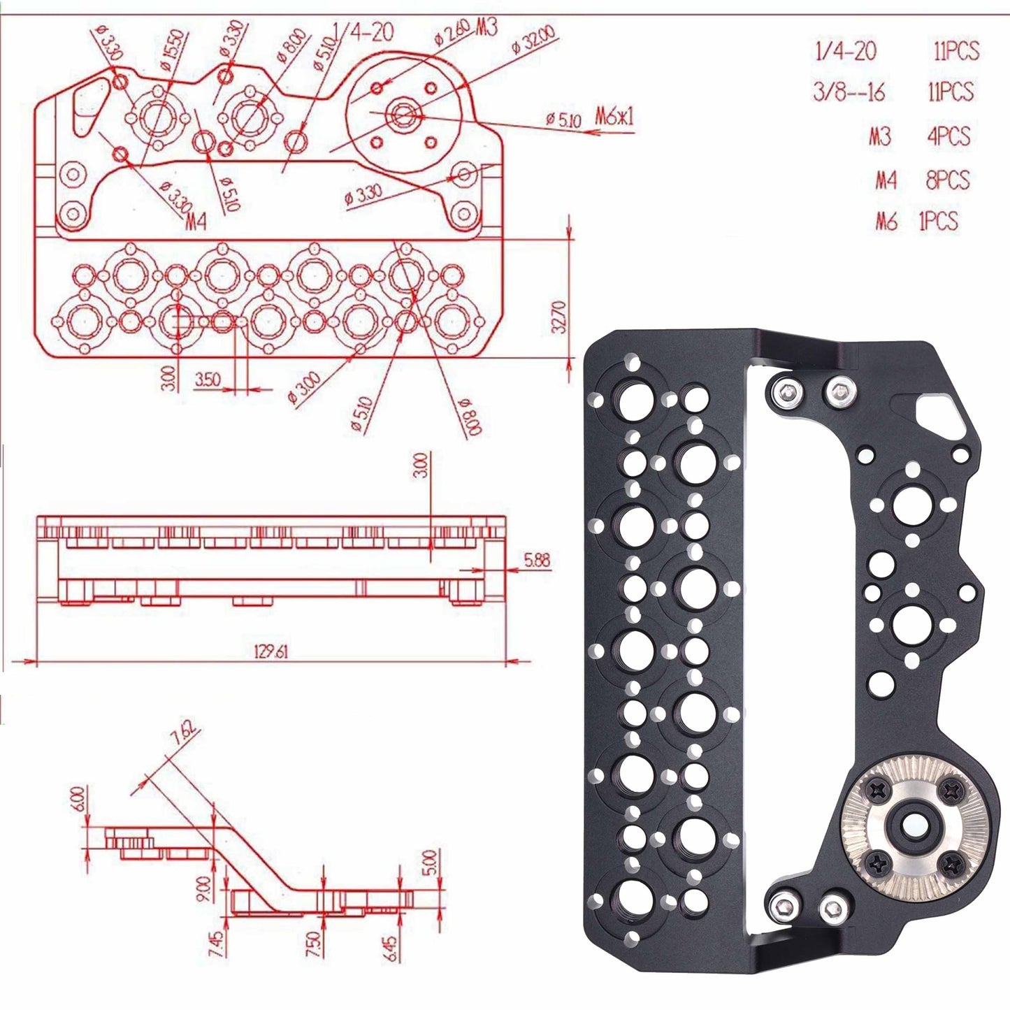 Alexa 35 Side Panel Plate, Side Mounting Extension Cheese Plate Kit 3/8"-16 Screw Thread Rig Wireless System Follow Focus Motor