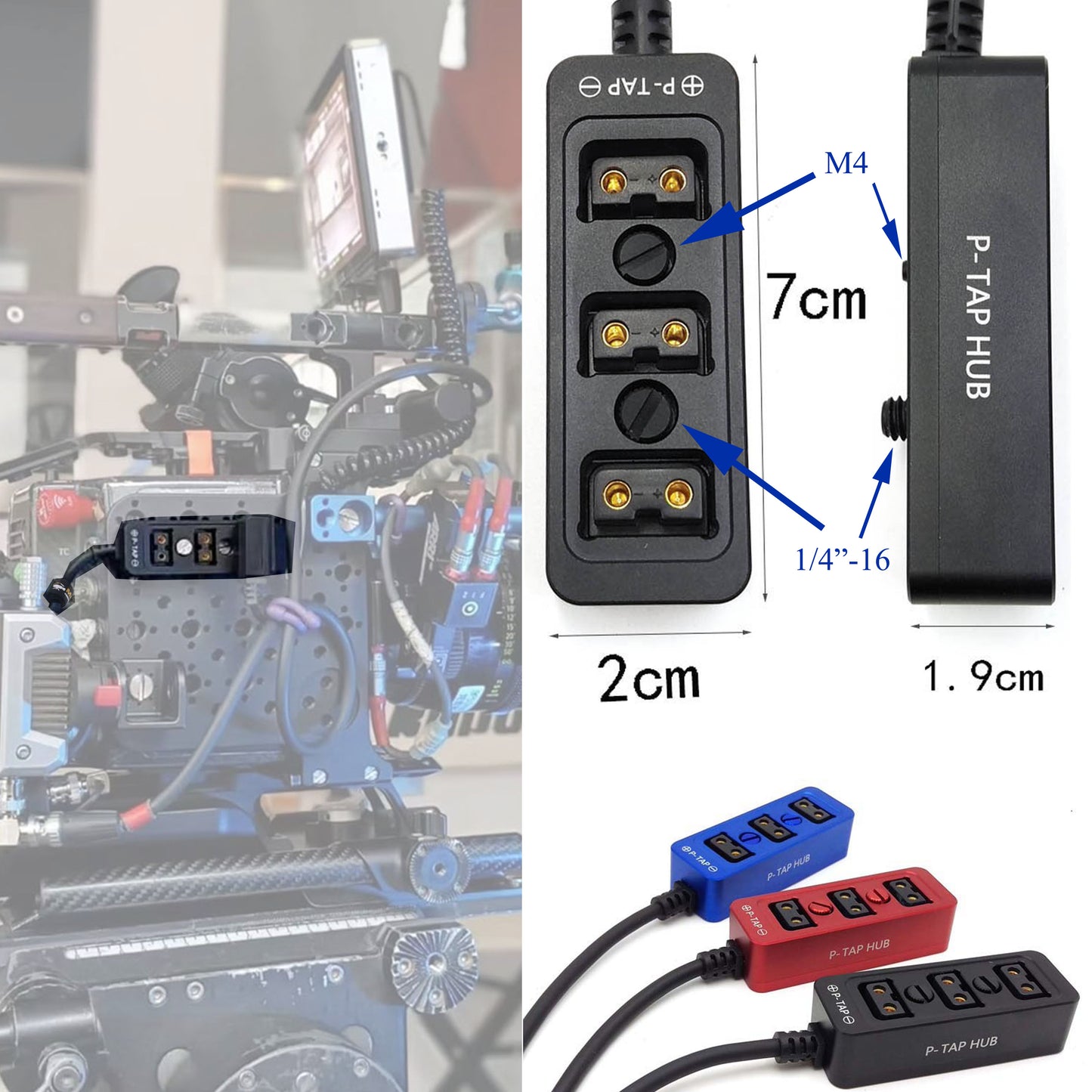 AC DC Power Supply Adapter 16V 10A, D TAP Splitter Cable 3-Port for RED ARRI DSLR Camera, Monitor, Light, Focus Motor, Wireless System Transmission, with 1/4" M4 Mount, Black
