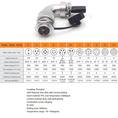 WEIPU WS20 Aviation Connector, 2 3 4 5 6 7 8 9 12 15pin Industrial Electrical Power Cable Angle Plug Socket