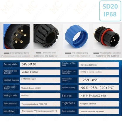 SD20 IP68 Waterproof Connector, 1 - 14 pin IP68 Aviation Power Connector