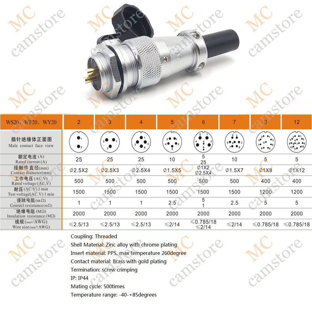 WEIPU WS20 Aviation Connector, 2 3 4 5 6 7 8 9 12 15pin Industrial Electrical Power Cable Plug Socket