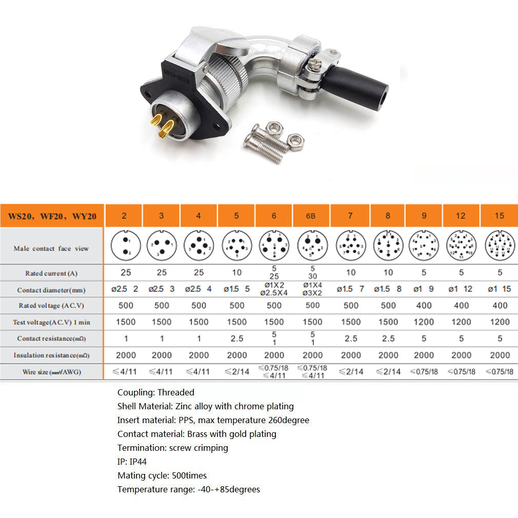 WEIPU WS20 Aviation Connector, 2 3 4 5 6 7 8 9 12 15pin Industrial Electrical Power Cable Angle Plug Socket