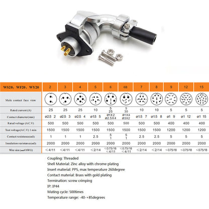 WEIPU WS20 Aviation Connector, 2 3 4 5 6 7 8 9 12 15pin Industrial Electrical Power Cable Angle Plug Socket