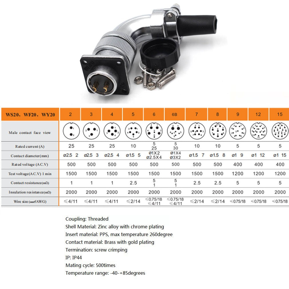 WEIPU WS20 Aviation Connector, 2 3 4 5 6 7 8 9 12 15pin Industrial Electrical Power Cable Angle Plug Socket