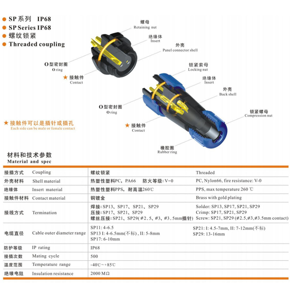 WEIPU SP13 IP68 Waterproof Connector, 2 3 4 5 6 7 9pin Thread Nut Panel Mount / Cable to Cable Power Plug Socket