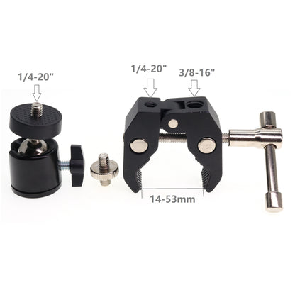 Camera Clamp Bracket Articulating Friction Ball-Head 1/4-20 3/8-16 for Camera, Light, Monitor, Webcam Cell-Phone or Action Camera 1.5kg, for Table, Tube