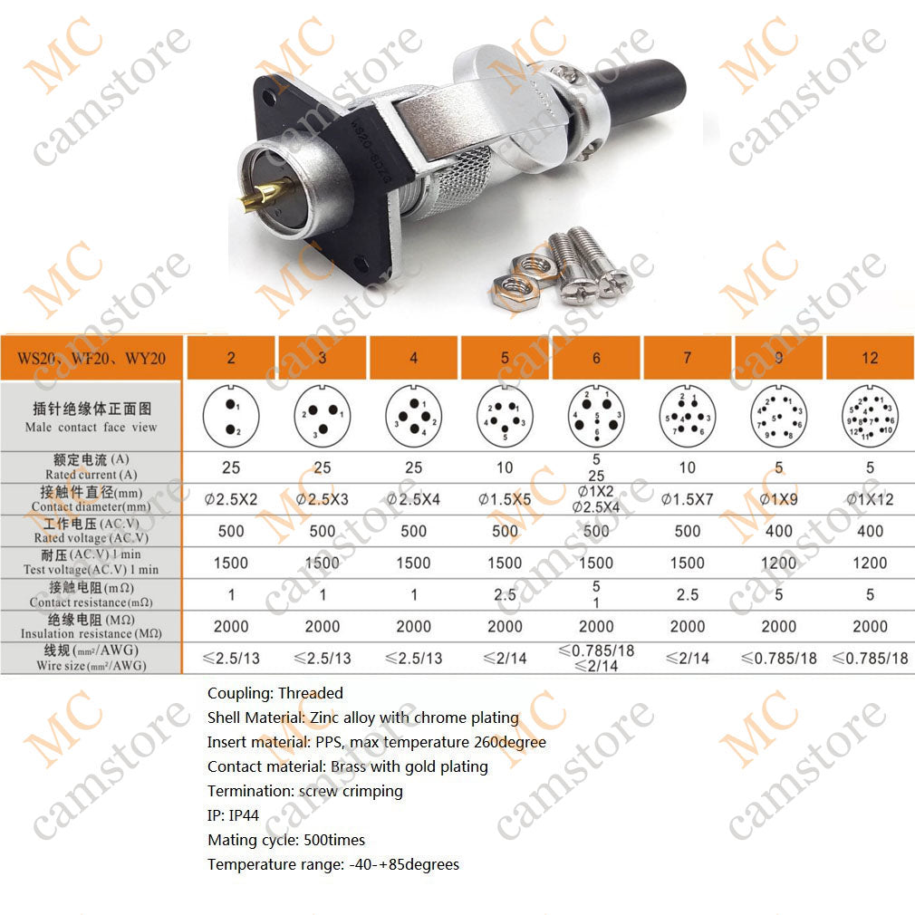 WEIPU WS20 Aviation Connector, 2 3 4 5 6 7 8 9 12 15pin Industrial Electrical Power Cable Plug Socket